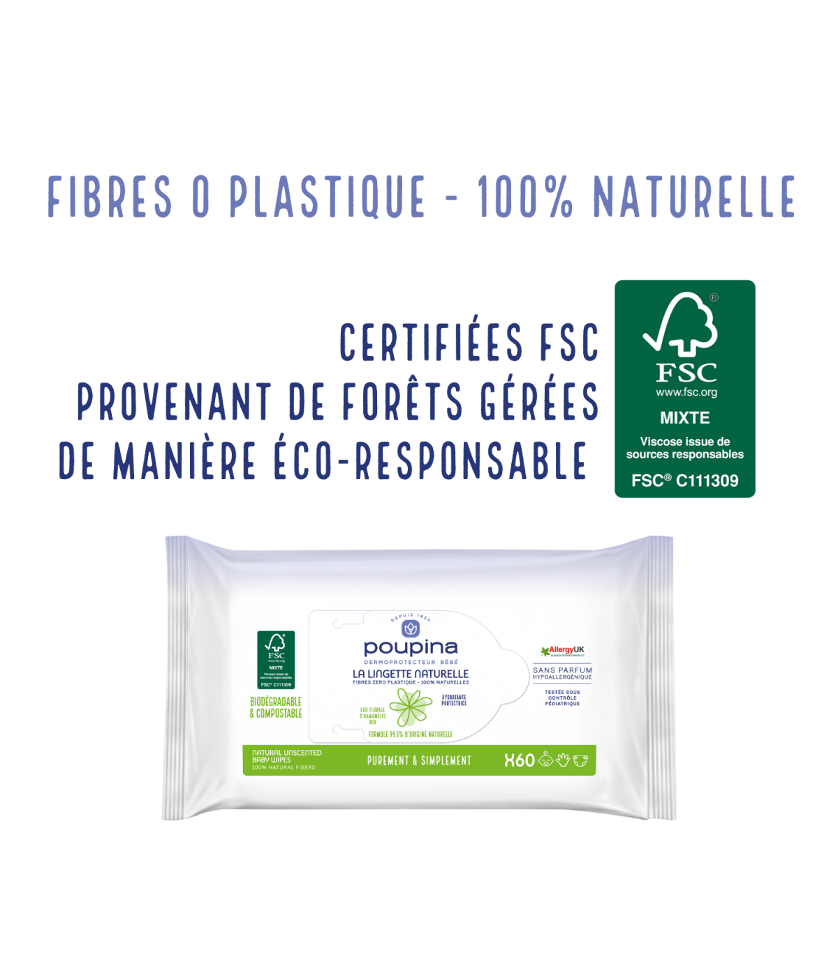 Lingette naturelle - fibres 0 plastique - Sans parfum - Poupina